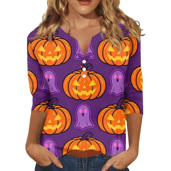 Halloween Womens Shirts Funny 3/4 Sleeve T Shirts Spooky Pumpkin Ghost Printed Tops Horror Button V Neck Pullover Holiday Three Quarter Length Blouses, L