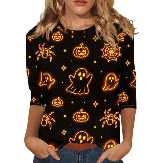 Halloween Womens Shirts Funny 3/4 Sleeve Tops Horror Pumpkin Ghost Printed T Shirts Spooky Crew Neck Pullover Holiday Three Quarter Length Blouses, XL