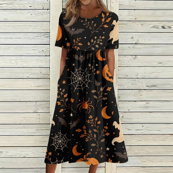 Halloween Womens Summer Dresses Novelty Halloween Party Graphic Medieval Dress Short Sleeve Fashion Loose Fit Flowy Midi Halloween Costumes for Women Black L