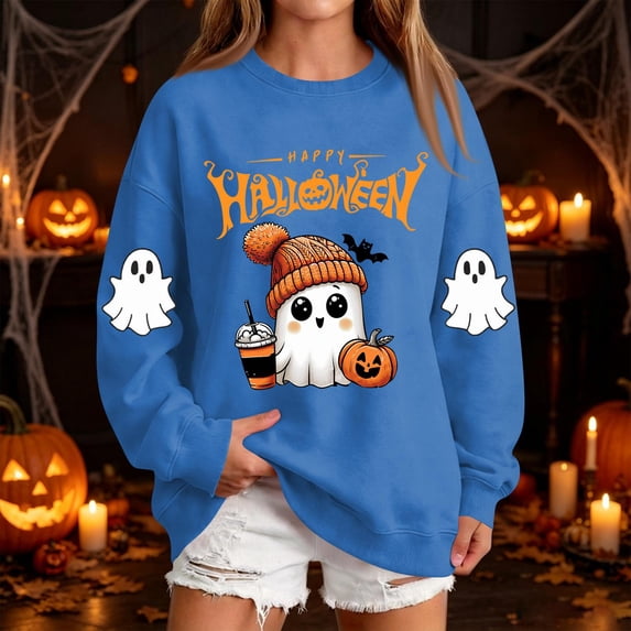 Halloween Womens Sweatshirt Crew Neck Funny Spooky Season Ghost Pumpkin Long Sleeve Pullover Sweatshirts Fall Fashion Womens Sweatshirt