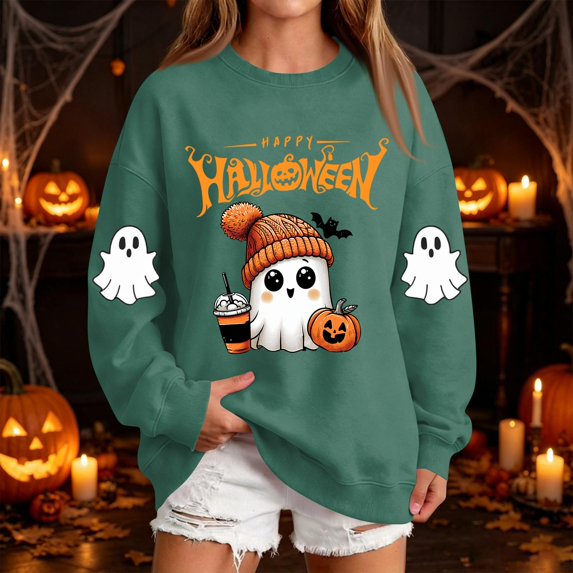 Halloween Womens Sweatshirt Crew Neck Spooky Season Cute Ghost Pumpkin Long Sleeve Pullover Sweatshirts Retro Fall Clothes for Women