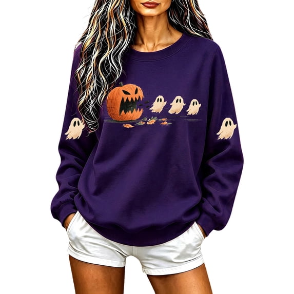 Halloween Womens Sweatshirts Casual Long Sleeve Shirts Halloween Ghost Pumpkin Graphic Printing Crew Neck Pullover Sweatshirt Fall Winter Relaxed Fit Sweater Ladies Halloween Costumes