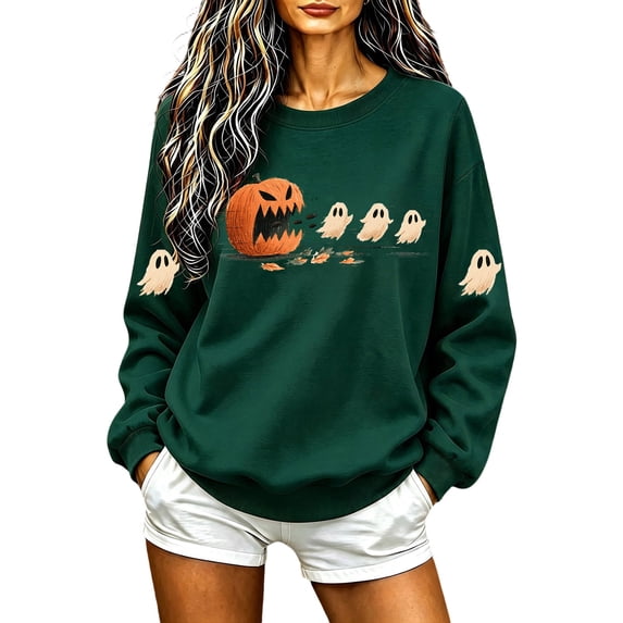 Halloween Womens Sweatshirts Casual Long Sleeve Shirts Halloween Ghost Pumpkin Graphic Printing Crew Neck Pullover Sweatshirt Fall Winter Relaxed Fit Sweater Ladies Halloween Costumes