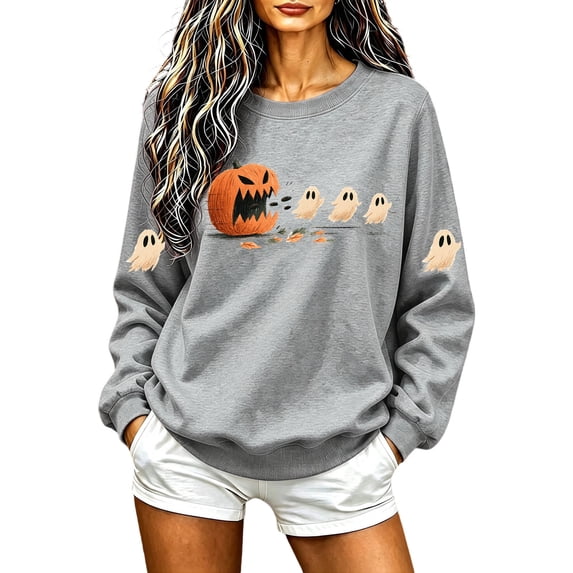 Halloween Womens Sweatshirts Casual Long Sleeve Shirts Halloween Ghost Pumpkin Graphic Printing Crew Neck Pullover Sweatshirt Fall Winter Relaxed Fit Sweater Ladies Halloween Costumes