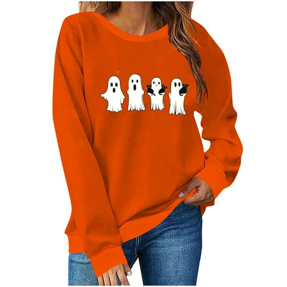 Halloween Womens Sweatshirts Crewneck Ghost Printed Shirts Fall Winter Long Sleeve Sweaters Casual Blouses Loose Fitting Hoodless Sweatshirt Pullover Top Halloween Costumes