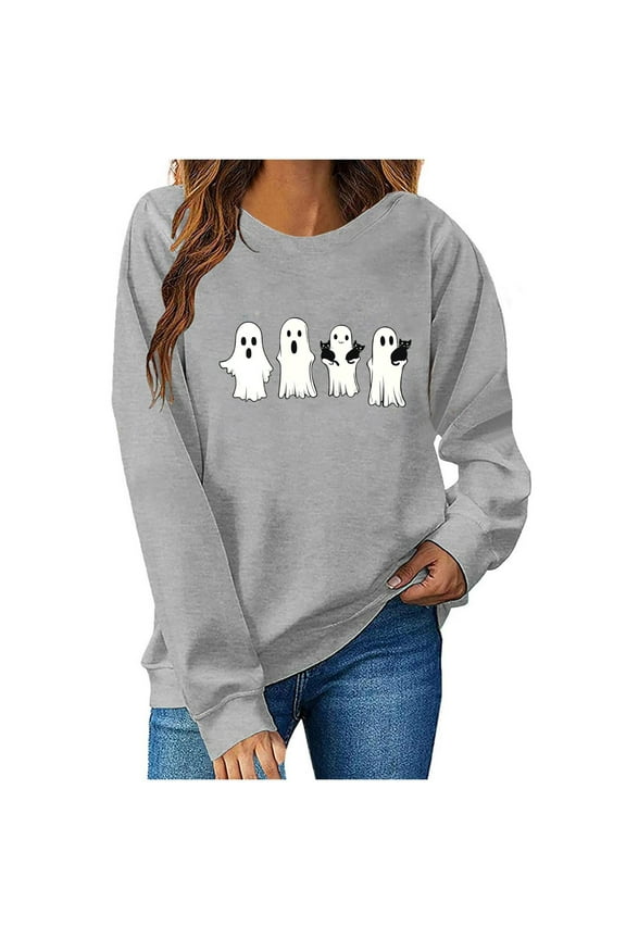 Halloween Womens Sweatshirts Crewneck Ghost Printed Shirts Fall Winter Long Sleeve Sweaters Casual Blouses Loose Fitting Hoodless Sweatshirt Pullover Top Halloween Costumes
