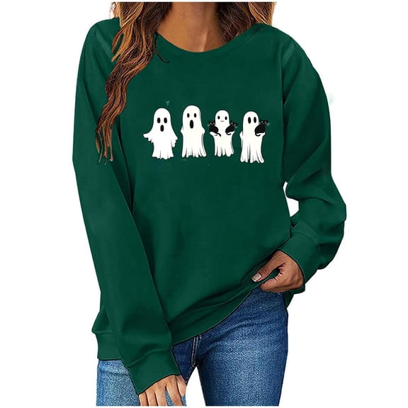 Halloween Womens Sweatshirts Crewneck Ghost Printed Shirts Fall Winter Long Sleeve Sweaters Casual Blouses Loose Fitting Hoodless Sweatshirt Pullover Top Halloween Costumes