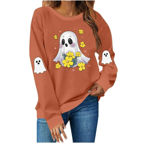 Halloween Womens Sweatshirts Crewneck Ghost Printed Shirts Fall Winter Long Sleeve Sweaters Casual Blouses Loose Fitting Sweatshirt Pullover Top Halloween Costumes