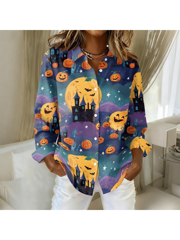 Halloween Womens Tops Button Down Collared Novelty Halloween Party Graphic Womens T Shirts Fall Long Sleeve Trendy Tee Top Blue XXL