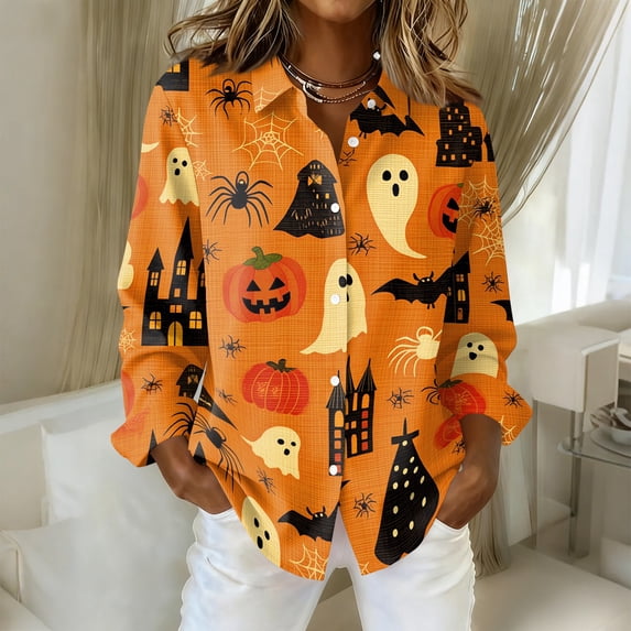 Halloween Womens Tops Button Down Cute Pumpkin Ghost Bat Womens Blouses Fall Long Sleeve Holiday Tee Top Orange S