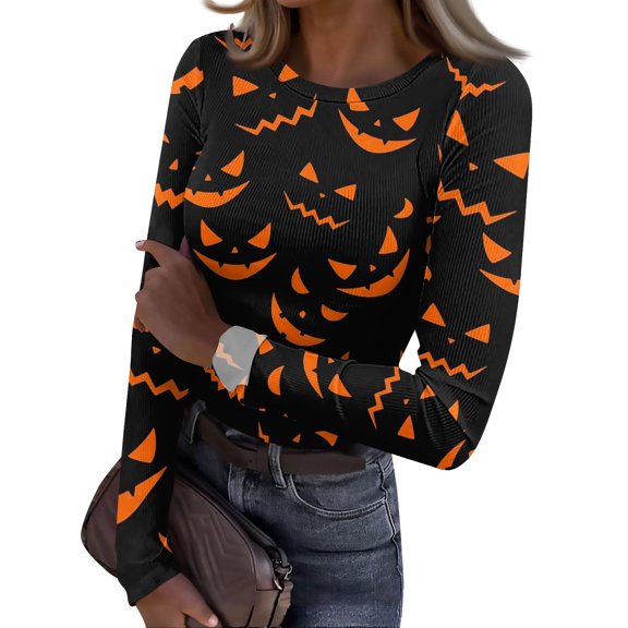 Halloween Womens Tops Long Sleeve Slim Fitted Ribbed Funny Pumpkin Tunic Tops Holiday Crew Neck Fall Spring Basic Tees Black S