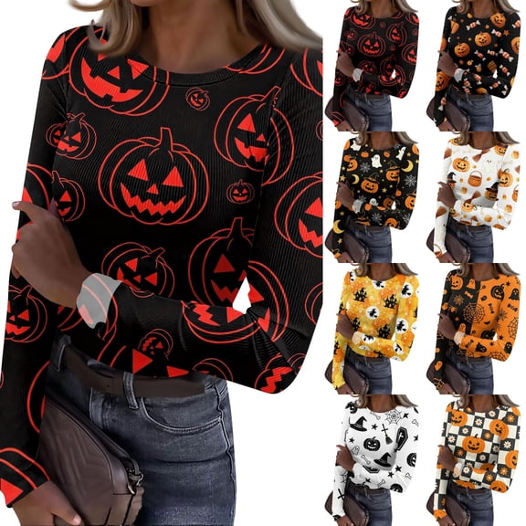 Halloween Womens Tops Long Sleeve Slim Fitted Ribbed Funny Pumpkin Tunic Tops Party Crew Neck Fall Spring Basic Tees Red S
