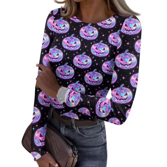 Halloween Womens Tops Long Sleeve Slim Fitted Ribbed Novelty Pumpkin Tunic Tops Party Crew Neck Spring Day Tee Tops Dark Purple XXL