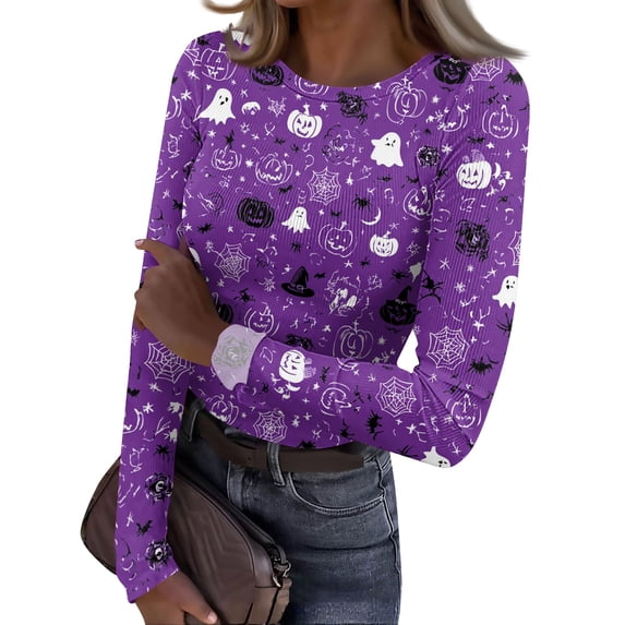 Halloween Womens Tops Long Sleeve Slim Funny Pumpkin Ghost Tunic Tops Party Spring Day Crew Neck Ribbed Tee Tops Dark Purple M