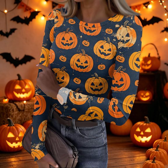 Halloween Womens Tops Long Sleeve Slim Novelty Pumpkin Tunic Tops Holiday Spring Day Crew Neck Ribbed Tee Tops Yellow L
