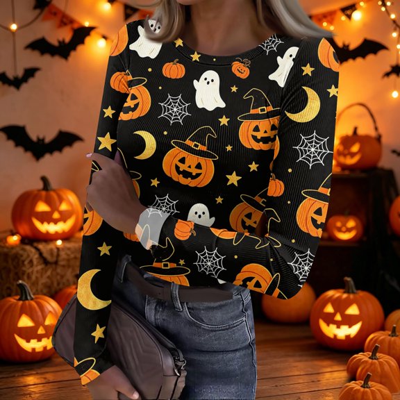 Halloween Womens Tops Long Sleeve Slim Ribbed Funny Pumpkin Ghost Tunic Tops Party Crew Neck Fall Spring Tee Tops Yellow XL