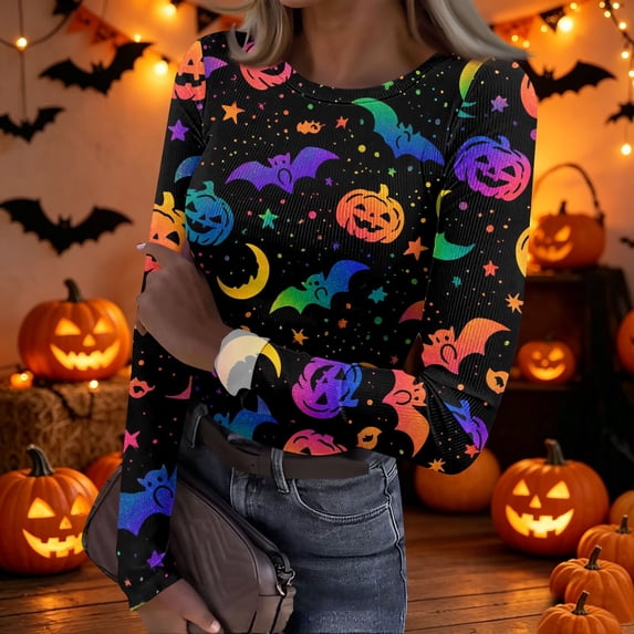 Halloween Womens Tops Long Sleeve Slim Ribbed Novelty Pumpkin Bat Tunic Blouse Party Crew Neck Fall Spring Basic Tees Multicolor M