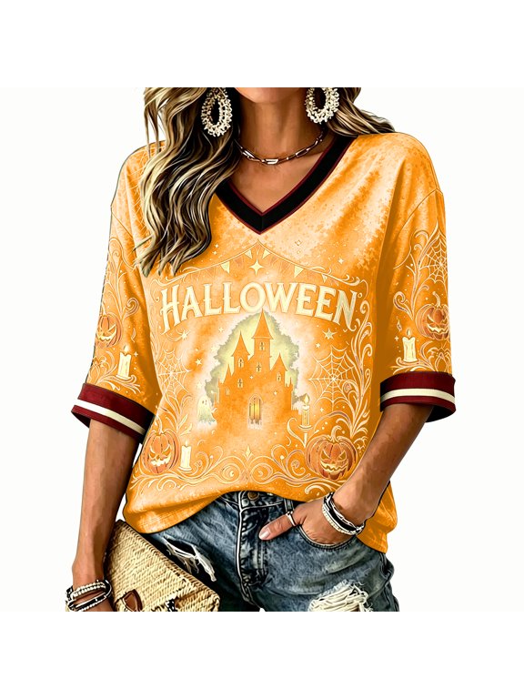 Halloween Womens Vintage Shirts V Neck 3/4 Sleeve T Shirt Gothic Ghost Jack O Lantern Graphic Loose Fall Holiday Novelty Daily Casual Tops Orange XXL
