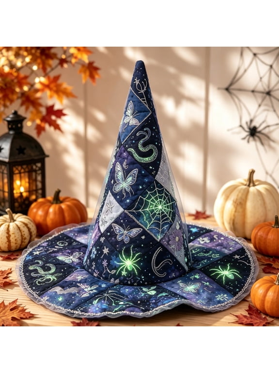 Halloween Womens Witch Hat Patchwork Wide Brim Classic Pointed Spooky Pattern Cosplay Party Headwear for Costume Dress Up Accessories,One Size,F