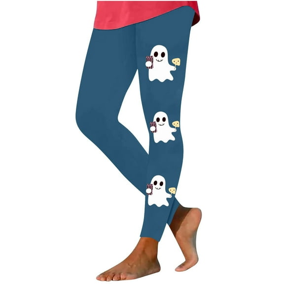 Halloween Womens Yoga Legging Cute Ghost Print Base Pants Fashion High Waist Stretchy Comfy Bottoms Tights Trosuer Blue X-Large