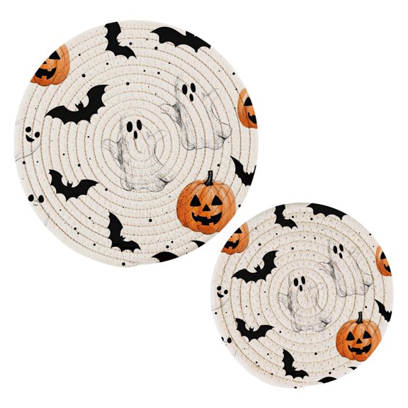 Halloween Wonderful Pattern Cotton Braided Potholders, 2 Pack Heat-Resistant Pads 7.09'' and 9.45''