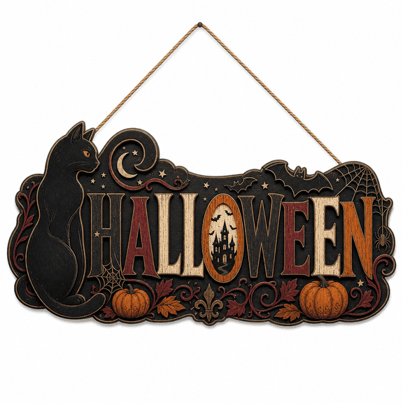 Halloween Wood Door Hanger Black Cat Wood Front Door Sign for Halloween Entryway Decor
