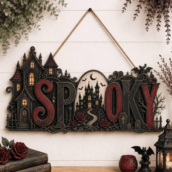 Halloween Wood Door Hanger Spooky Haunted House Wood Front Door Sign for Halloween Hosts