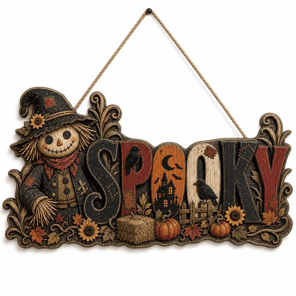 Halloween Wood Door Hanger Spooky Scarecrow Wood Front Door Sign for Fall Entryway