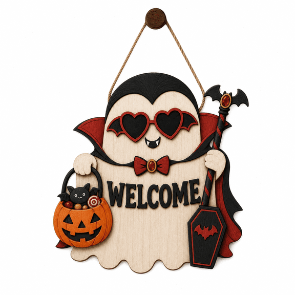 Halloween Wood Door Sign Cute Vampire Wooden Front Door Welcome Sign for Halloween Parties