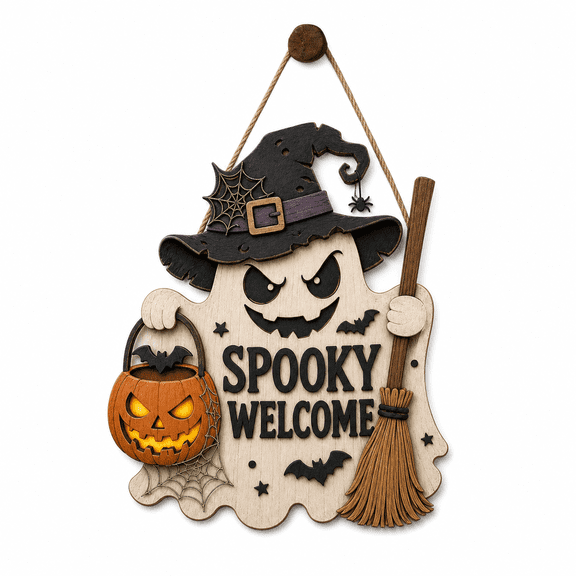 Halloween Wood Door Sign Spooky Ghost Wooden Front Door Hanger for Halloween Lovers