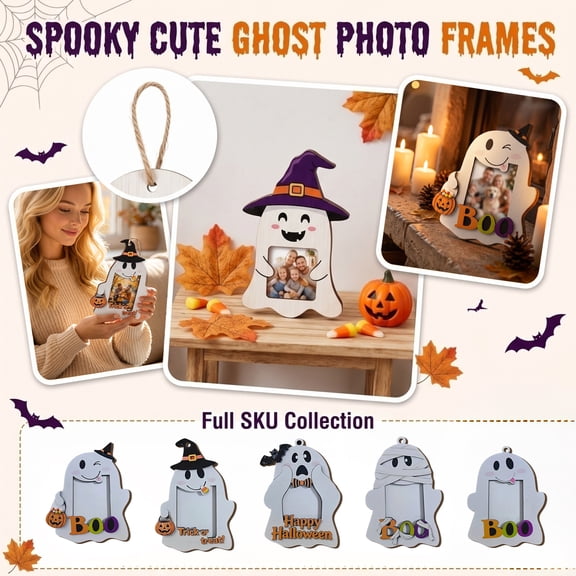Halloween Wood Photo Frame, White Spooky Ghost Shape Halloween, 1 Pack With Hemp Rope, Desktop Decorative Ornament Hangable Halloween Photo Display Frame for Party Home Holiday Decor