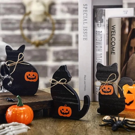 Halloween Wood Tabletop Block Signs, Rustic Black Cat Decor, 3 Pack Tiered Tray Centerpieces for Fall Home