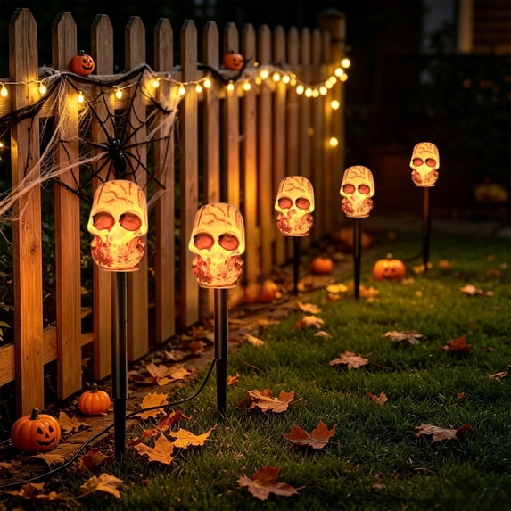 Halloween Wood Textured Skull Pathway Stake Lights LED Vintage Skeleton Ground String Lights Waterproof Outdoor Lawn Haunted Graveyard Decorations