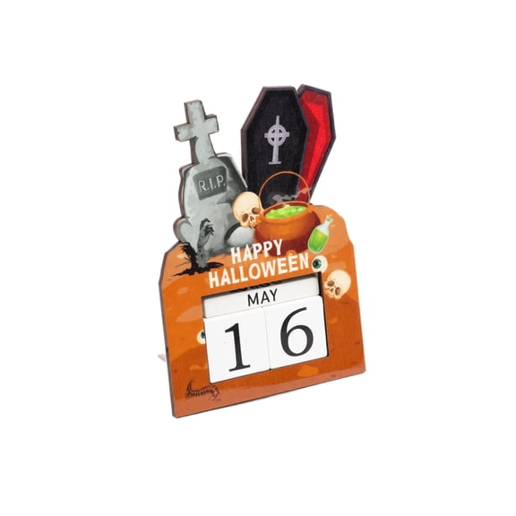 Halloween Wooden Advent Calendar Spooky Tombstone Coffin Design 5.9 inch 1 Piece Desk Perpetual Calendar for Halloween Party Home Shelf Mantel Decor Spooky Holiday Gift for Family Friend