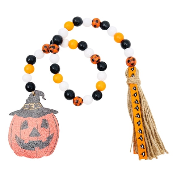 Halloween Wooden Bead Garland Rustic Farmhouse Bead Garland Beaded Tiered Tray Decor Prayer Bead Wall Hanging Decor with Tags and Linen Tassels for Halloween Shelf Display