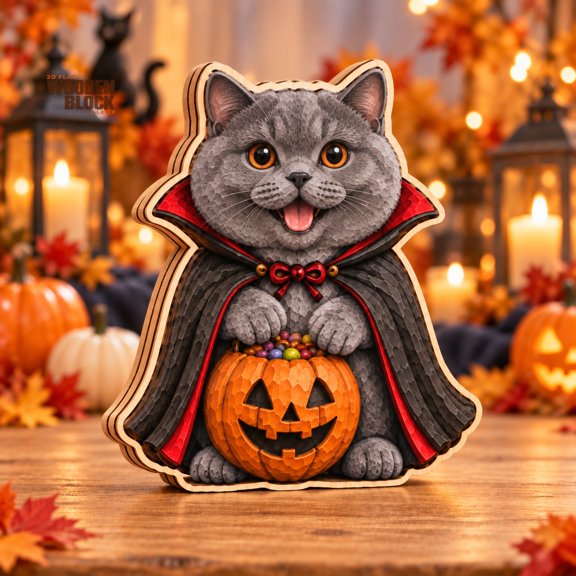 Halloween Wooden Block, 3-Layer British Shorthair Vampire Cat Tabletop Accent for Feline Fans