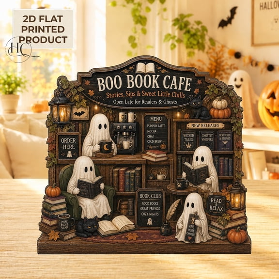 Halloween Wooden Block Boo Book Cafe Wood Tabletop Shelf Sign for Readers