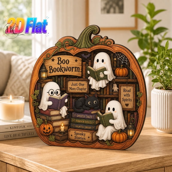 Halloween Wooden Block Boo Bookworm Wood Shelf Decor for Halloween Readers