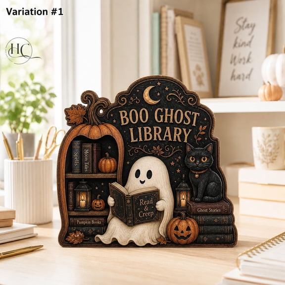Halloween Wooden Block Boo Ghost Library Wood Shelf Accent for Book Lovers