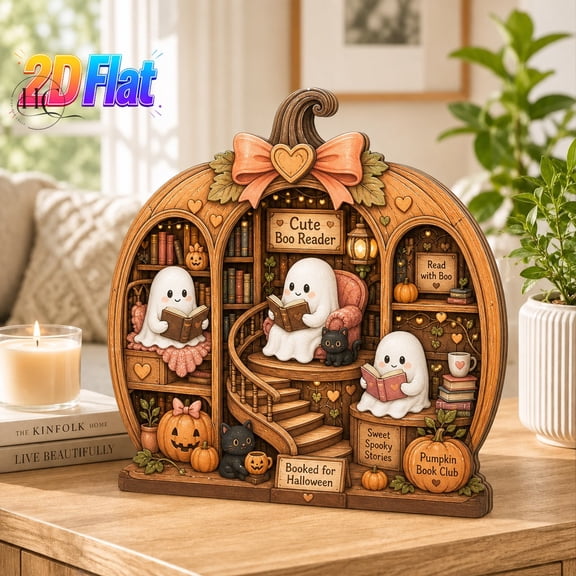 Halloween Wooden Block Cute Boo Reader Wooden Tabletop Shelf Decor for Book Lovers