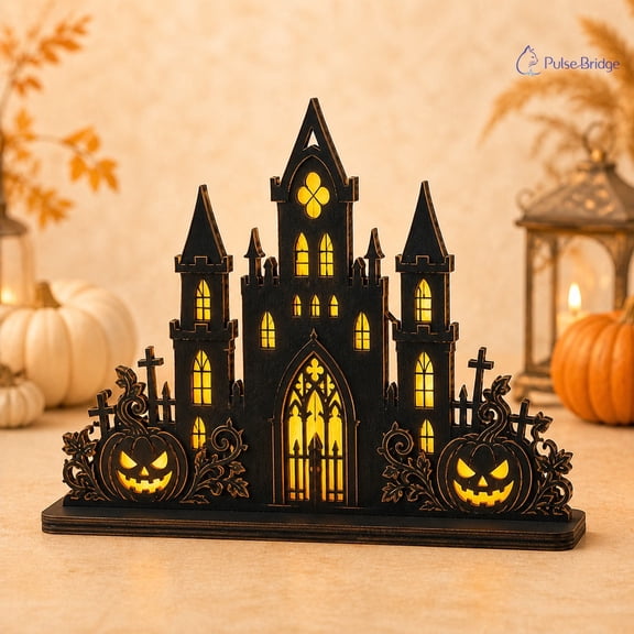 Halloween Wooden Block Decor Gothic Arch Castle Wood Tabletop Mantel Accent for Halloween Decor