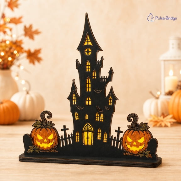 Halloween Wooden Block Decor Haunted Spire Castle Wood Tabletop Display for Spooky Seasonal Decor