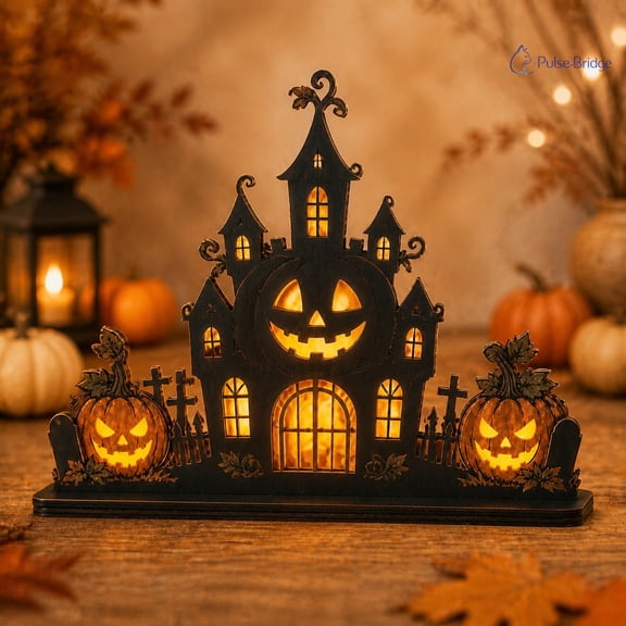 Halloween Wooden Block Decor Jack-O'-Lantern Castle Wood Tabletop Shelf Accent for Halloween Homes