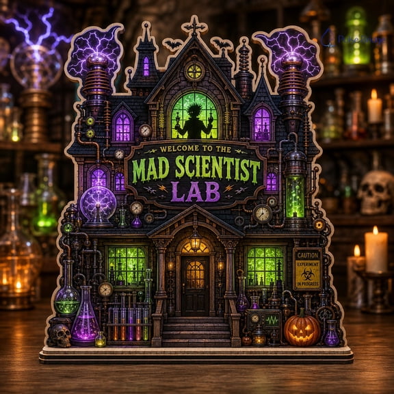 Halloween Wooden Block Decor Mad Scientist Laboratory Wood Tabletop Display for Halloween House