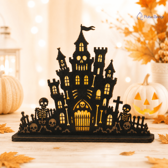 Halloween Wooden Block Decor Skeleton Castle Wooden Tabletop Display for Spooky Seasonal Decor