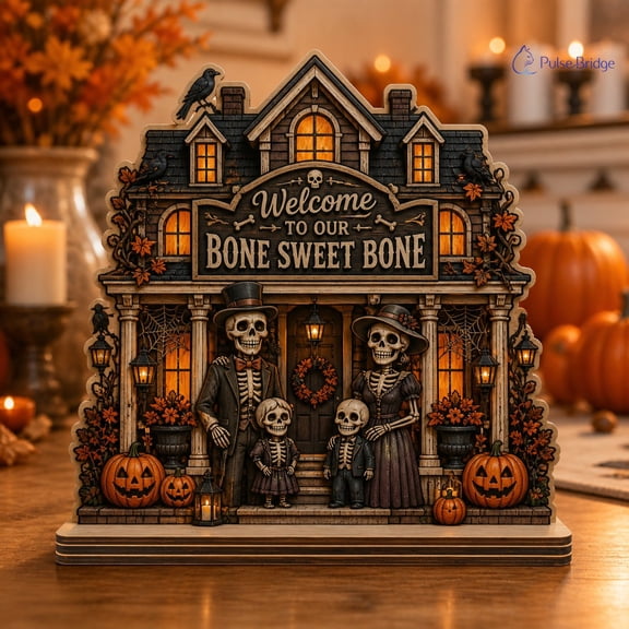Halloween Wooden Block Decor Skeleton Family House Wood Tabletop Display for Spooky Season Decor
