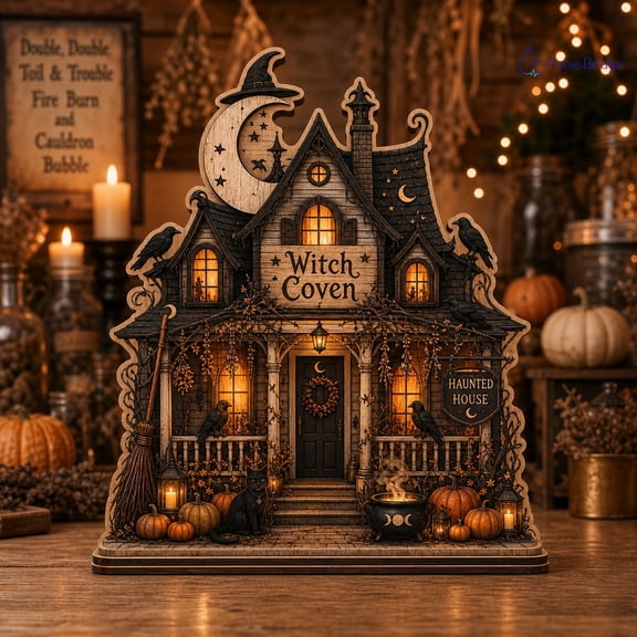 Halloween Wooden Block Decor Witch Coven Farmhouse Wood Tabletop Display for Halloween House Decor