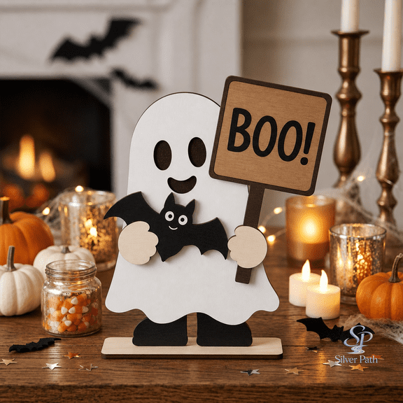 Halloween Wooden Block Friendly Ghost Wood Shelf Sitter Tabletop Decor for Spooky Fall Displays