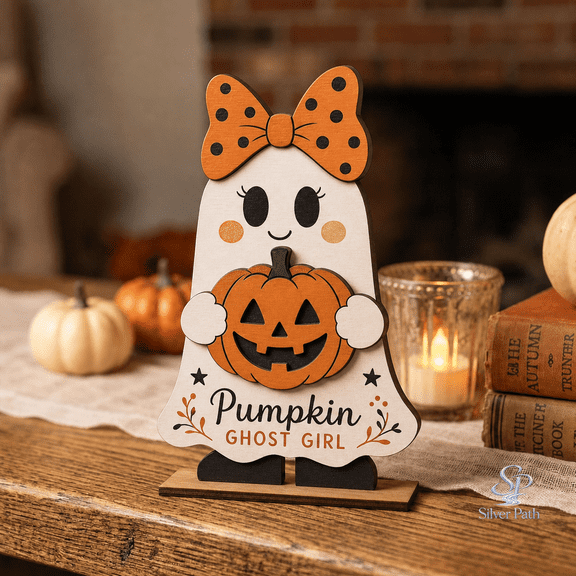 Halloween Wooden Block Pumpkin Ghost Girl Wood Shelf Sitter Tabletop Decor for Fall Display