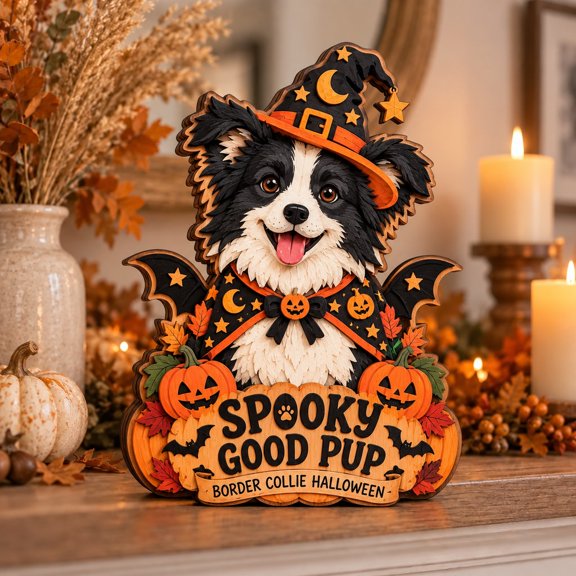 Halloween Wooden Block Spooky Border Collie Pumpkin Decor for Dog Lovers
